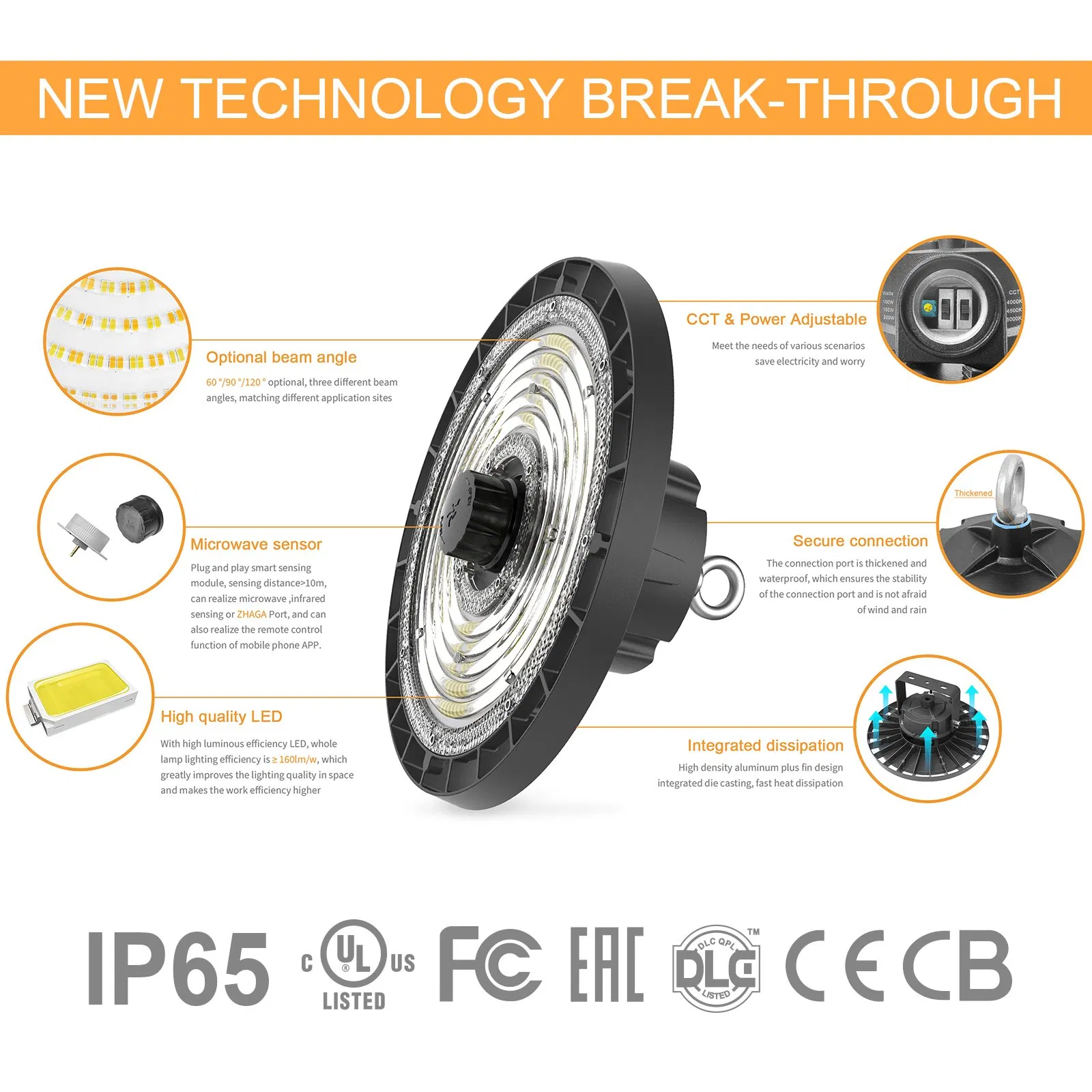 100W 150W 200W 240W Variants Aluminum Body Multiple Power CCT Selection Warehouse Shop 170lm/W IP65 UFO for LED High Bay Light