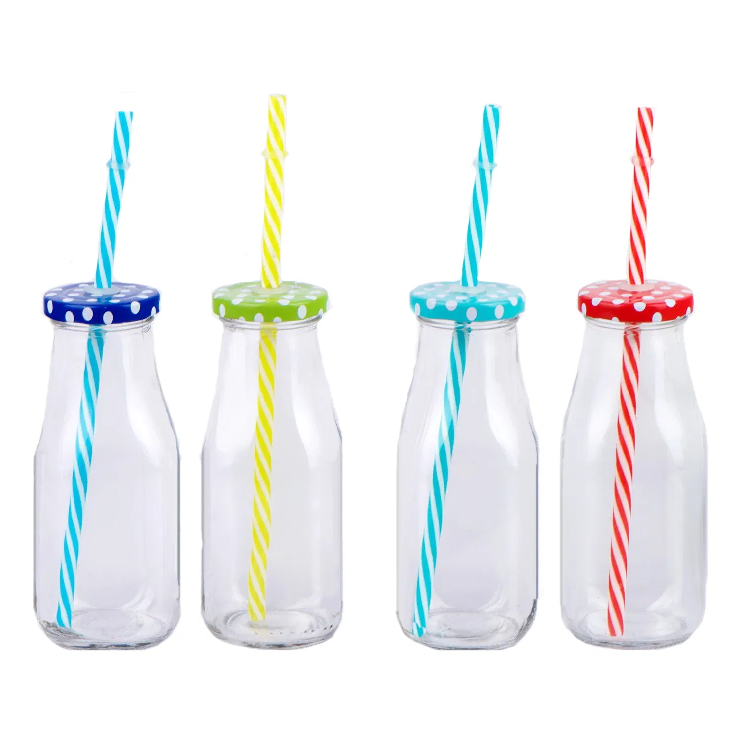 300ml Glass Juice Bottle with Screw Metal Lid Plastic Straw and Decal Printing for Soft Drink