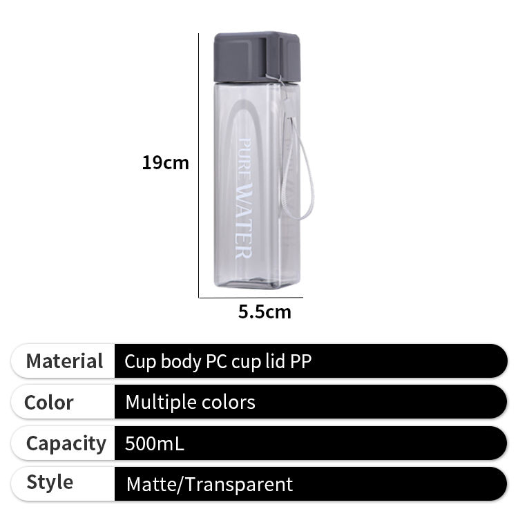 New Square 500ml Water Bottle Clear Plastic Portable Sport Gym Travel Drinking Bottle with Custom Logo
