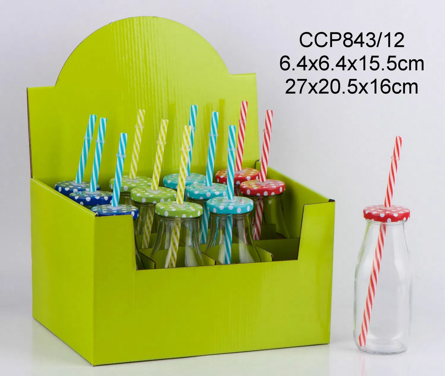 300ml Glass Juice Bottle with Screw Metal Lid Plastic Straw and Decal Printing for Soft Drink