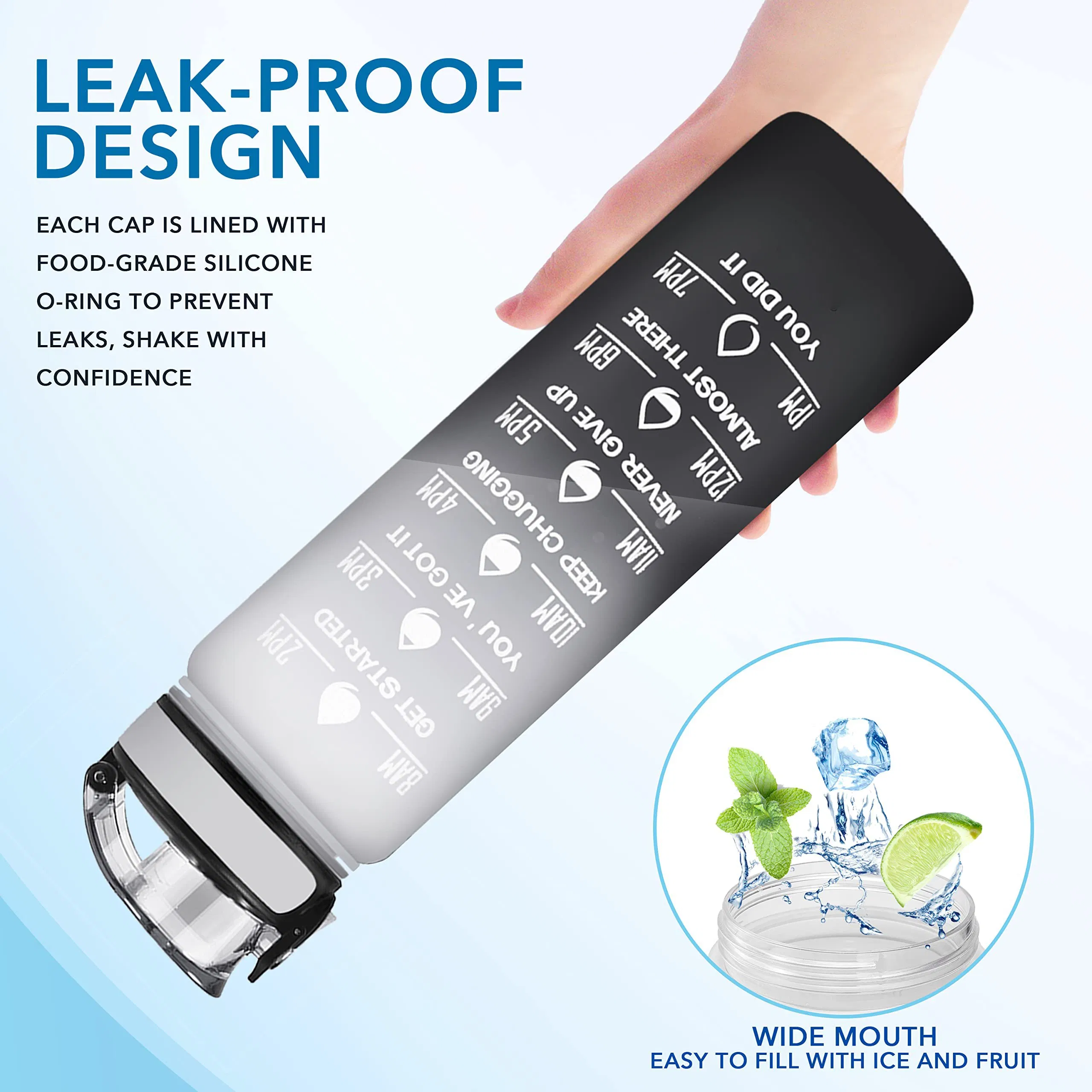 Fitness Water-Bottle with Drink-Time Reminders, Leakproof Design, BPA-Free Plastic, Convenient Hand Strap