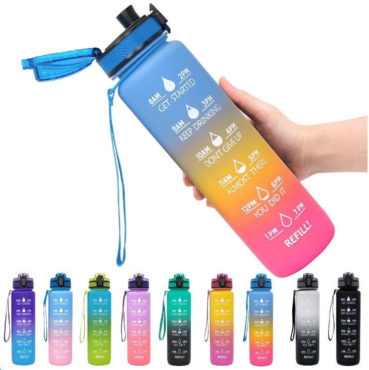 1 Liter Motivational Water Bottle, Transparent Plastic Bottle, Leakproof Tritan BPA Free Fitness Sport Bottle