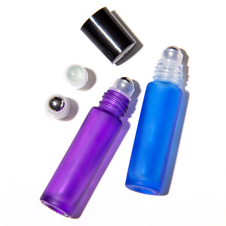 Hot Selling 5ml Colorful Frosted Colored Glass Roll on Bottles Empty Mini Portable Essential Oil Roller Bottle with Plastic Cap