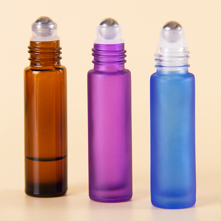 Hot Selling 5ml Colorful Frosted Colored Glass Roll on Bottles Empty Mini Portable Essential Oil Roller Bottle with Plastic Cap
