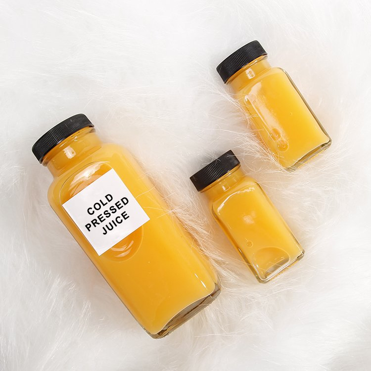 60ml 2oz Small Glass Clear French Square Juice Glass Bottle with Plastic Aluminum Screw Cap