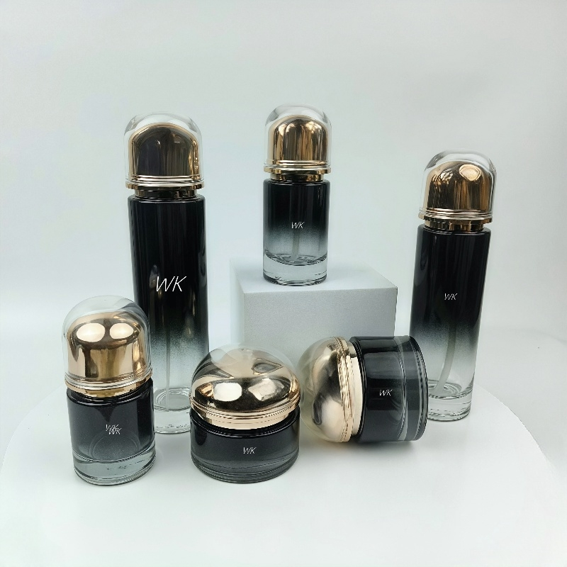 Luxury Customized Plastic Head Gradient Black Glass Bottle for Lotion Cream Glass Bottle Cosmetic Packaging Set with Gold Cap