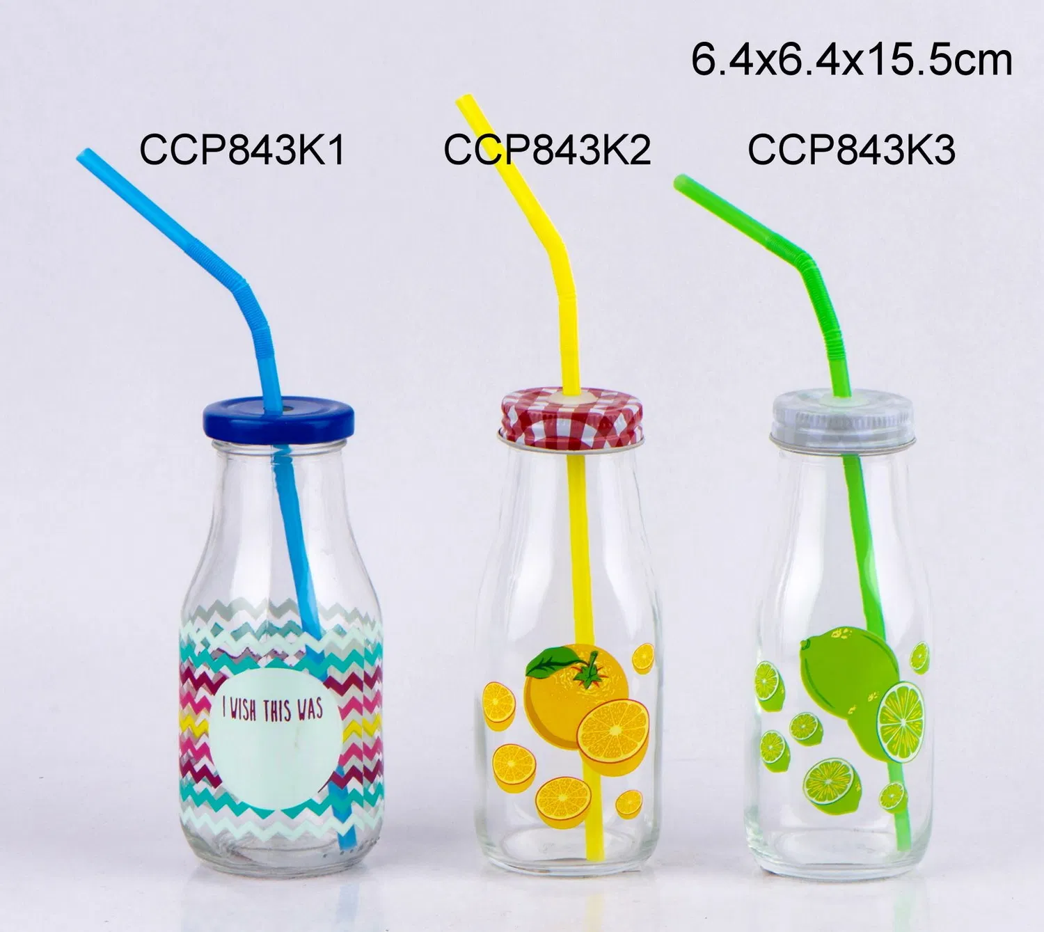 300ml Glass Juice Bottle with Screw Metal Lid Plastic Straw and Decal Printing for Soft Drink