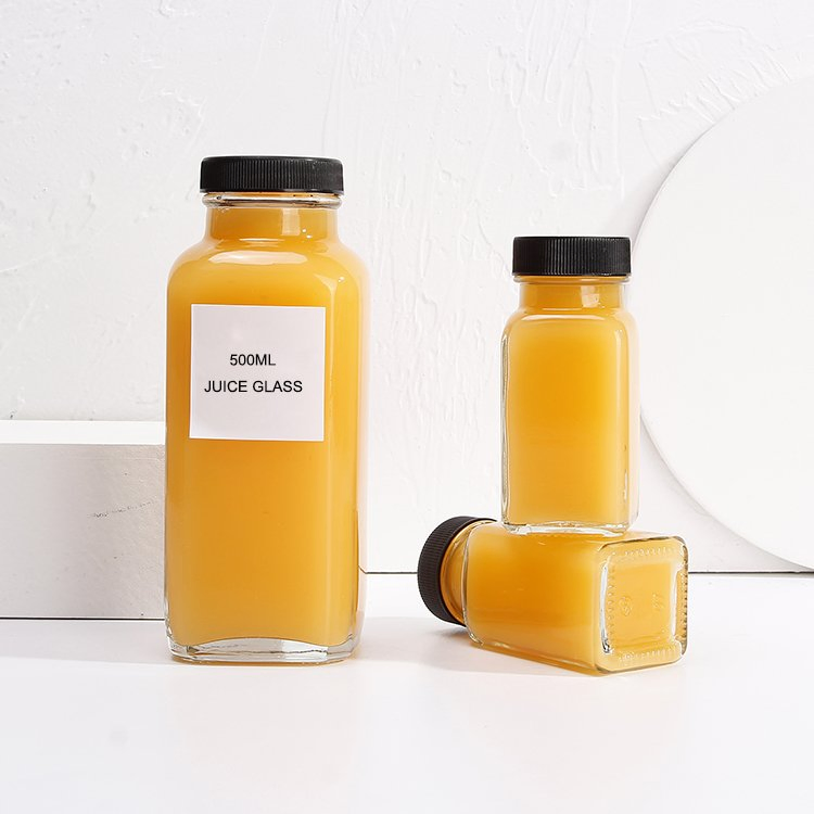 60ml 2oz Small Glass Clear French Square Juice Glass Bottle with Plastic Aluminum Screw Cap