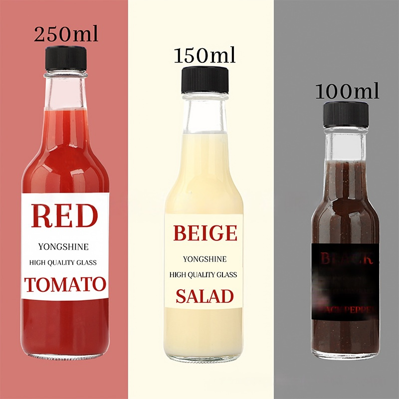 Food Grade 100ml 150ml 250ml Clear Chili Salad Sauce Bottles Hot Sauce Woozy Glass Bottle with Plastic Lids for Cooking