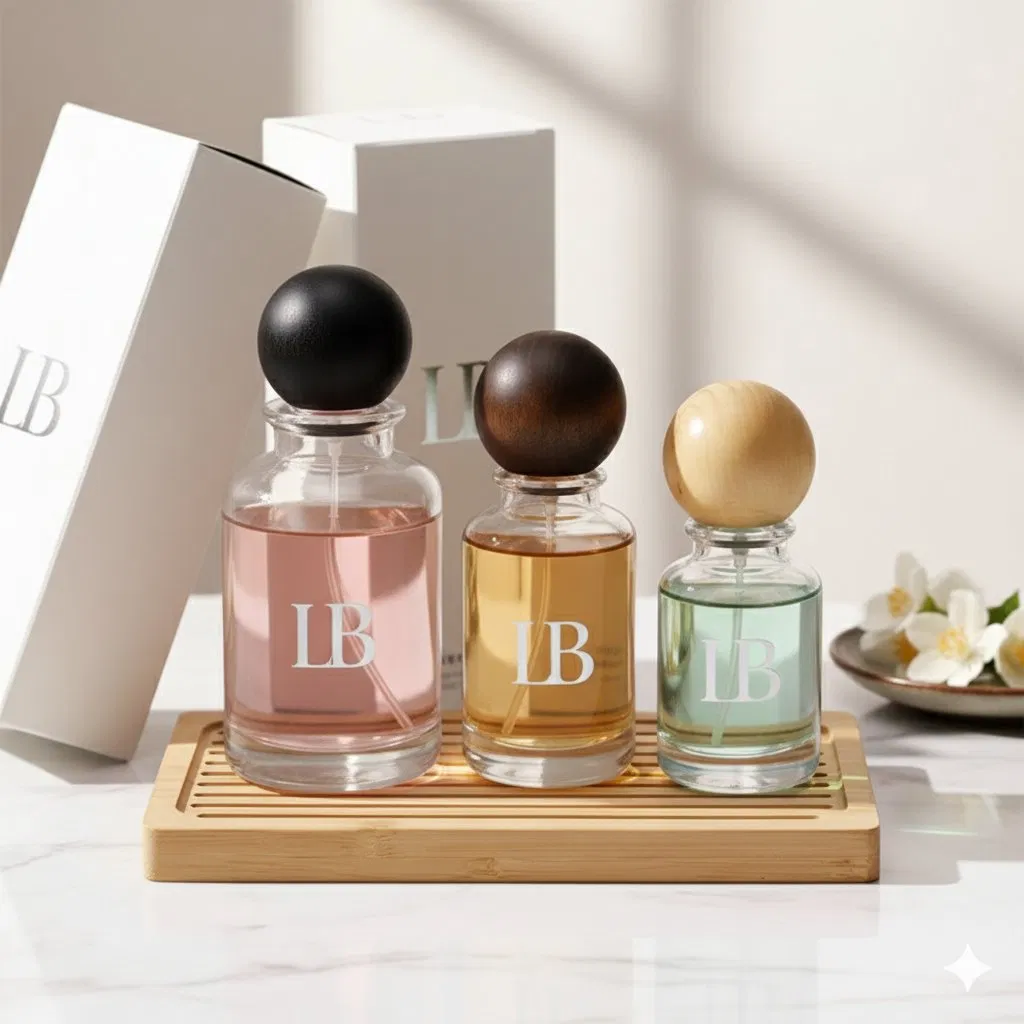 Wholesale 30ml 50ml 100ml Clear Round Fragrance Glass Perfume Bottle with Plastic Wooden Lids