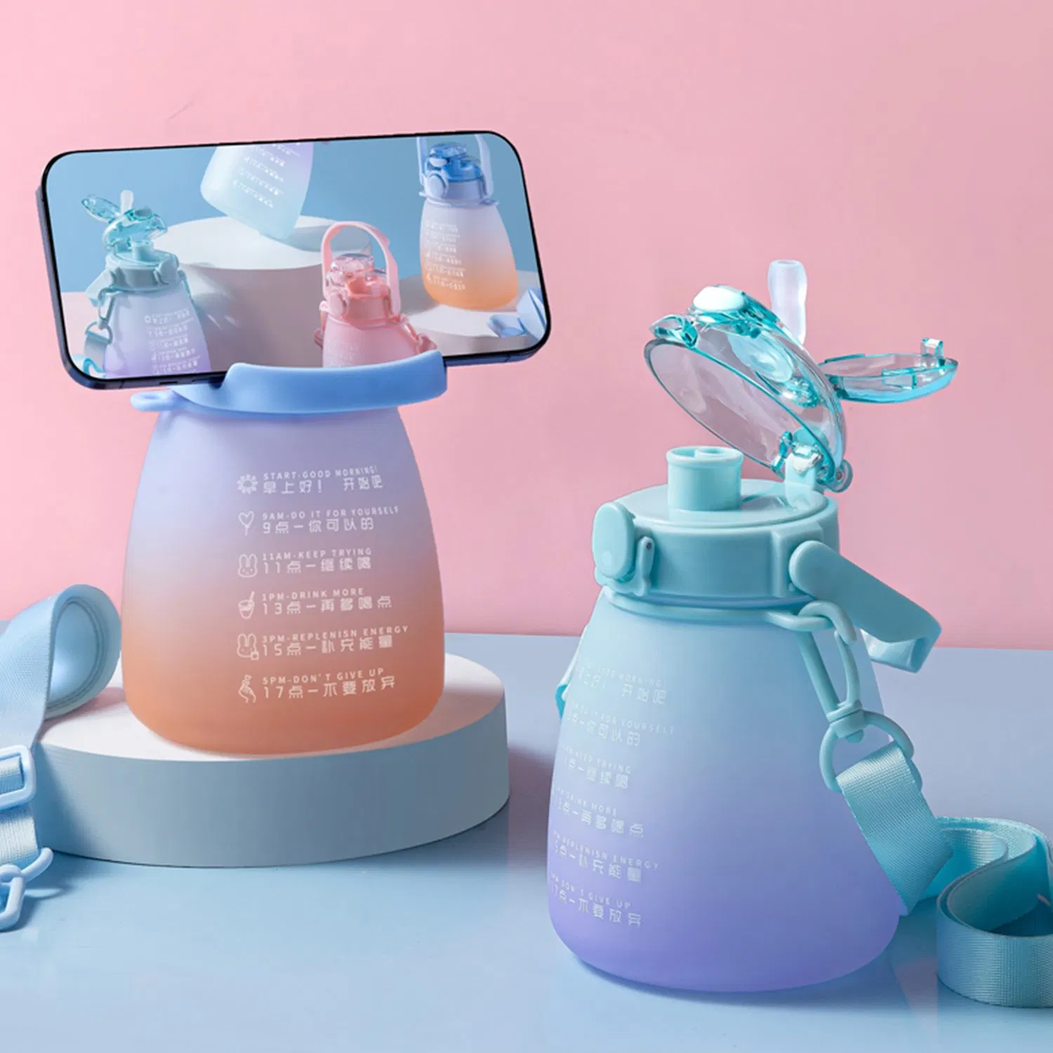 24oz Plastic Gradient Color Big Capacity Sports Straw Lid Water Bottle with Rope Strap