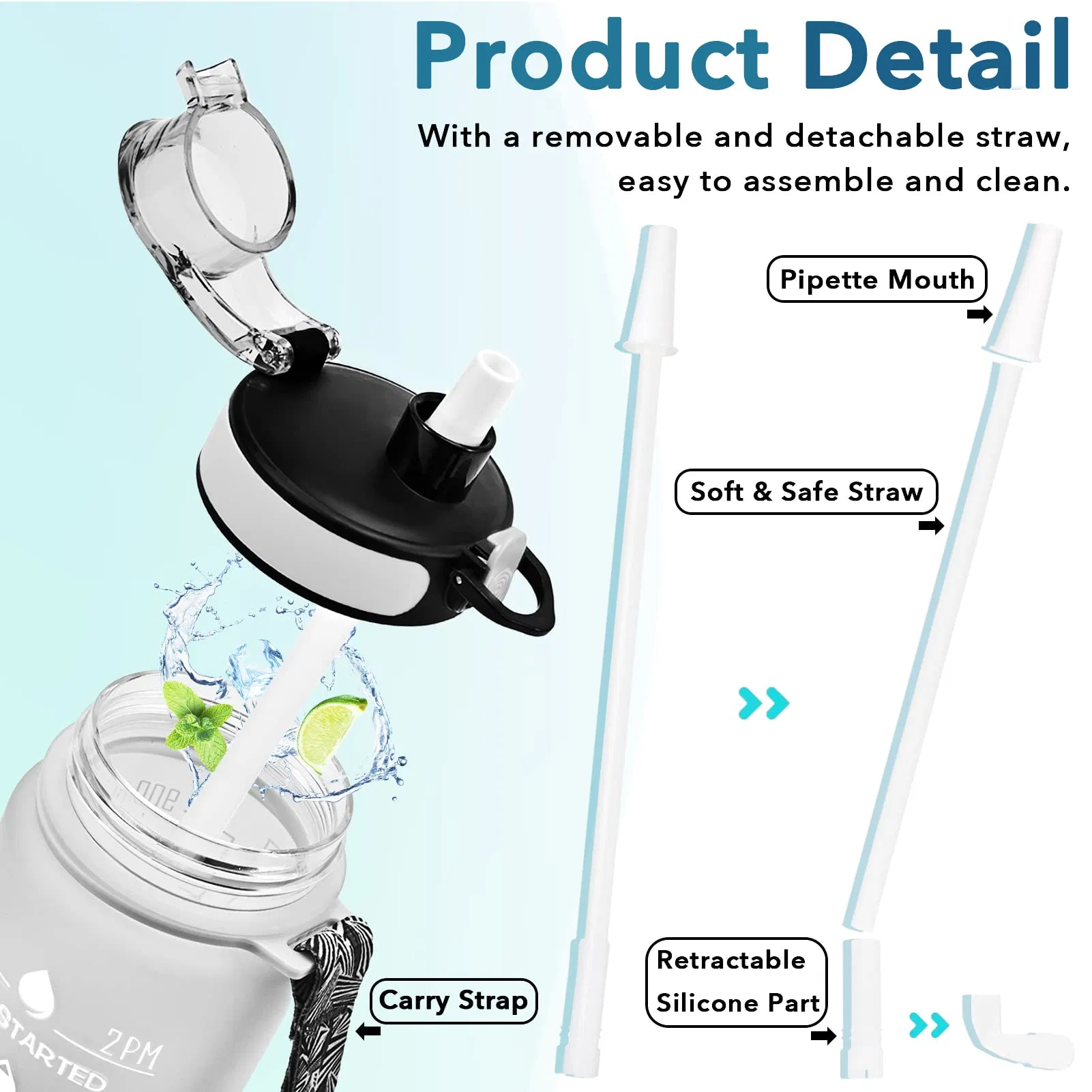 Fitness Water-Bottle with Drink-Time Reminders, Leakproof Design, BPA-Free Plastic, Convenient Hand Strap