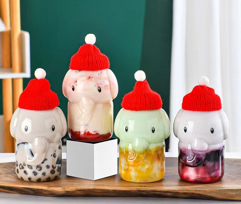 Cute Little Elephant Disposable Juice Drink Bottle Milk Tea Bottle Pet Cartoon Takeout Juice Pack Shaped Plastic Bottle