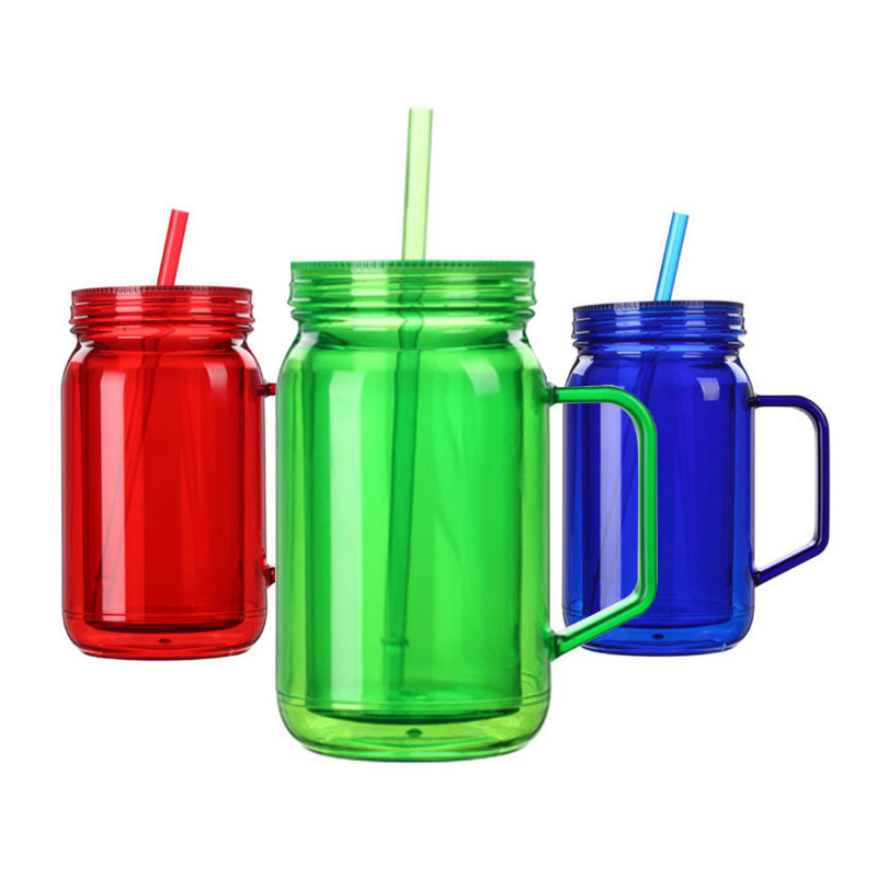 Food Grade BPA Free Plastic Tumbler Double Wall Acrylic Mason Jar Cup Handle Plastic Water Bottle with Lid and Straw