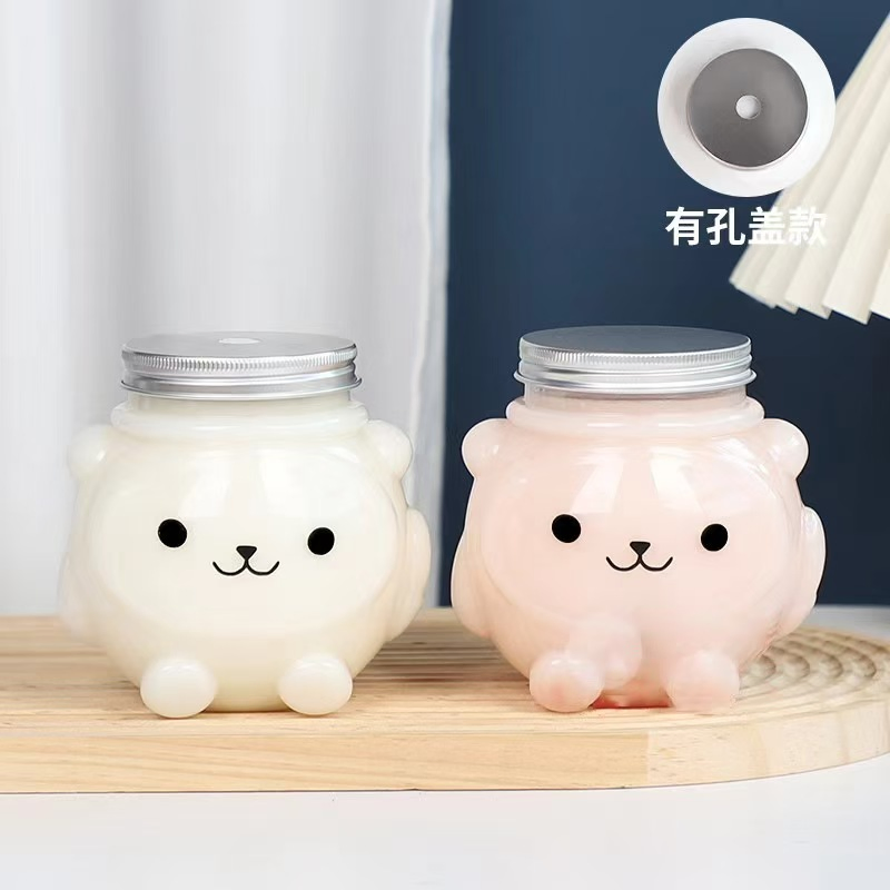 Custom Cute Bear Clear Pet Plastic Round Beverage Bottle for Homemade Juices, Smoothies, Milk and Drinks Recyclable