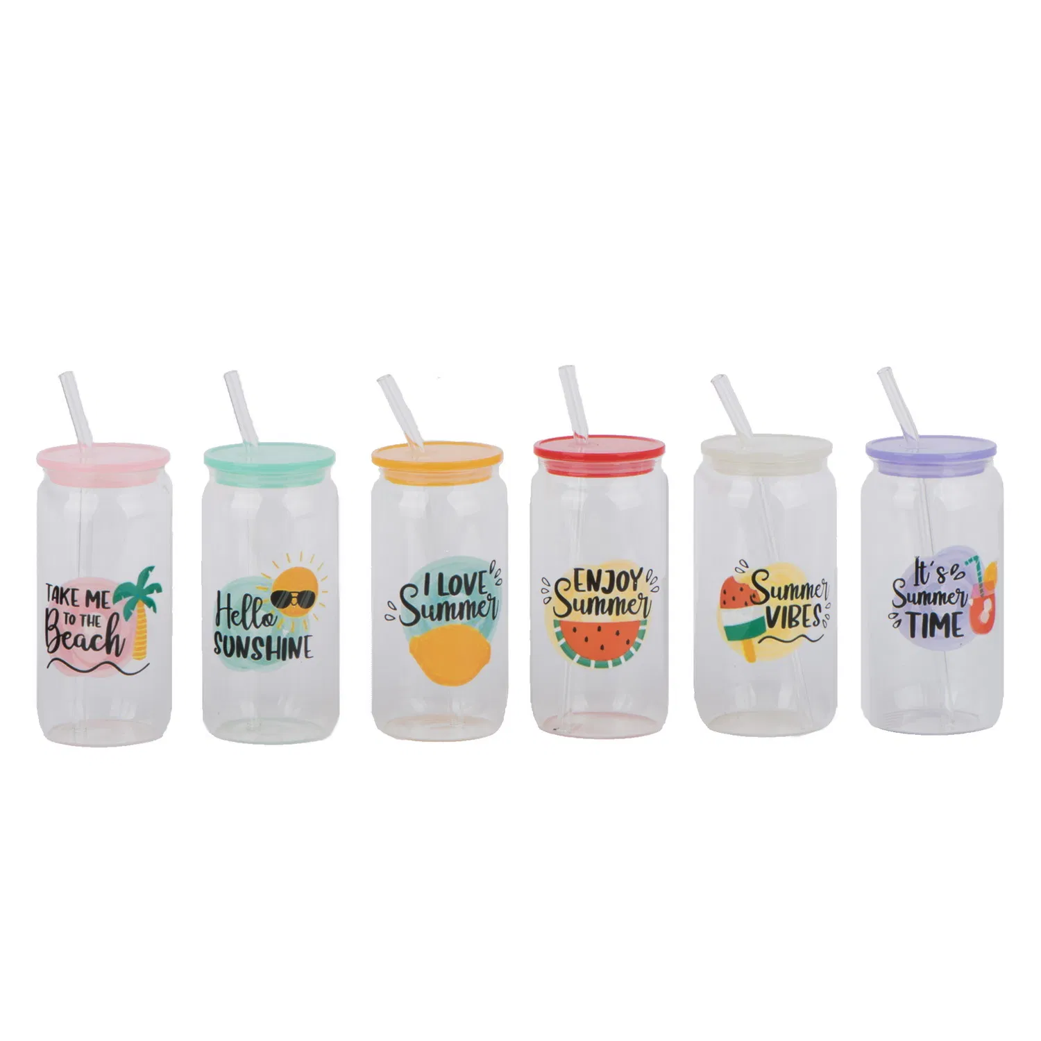 Borosilicate Colored Glass Bottle Cup with Glass Straw and Plastic Lid Decal Printing Drinking Glass