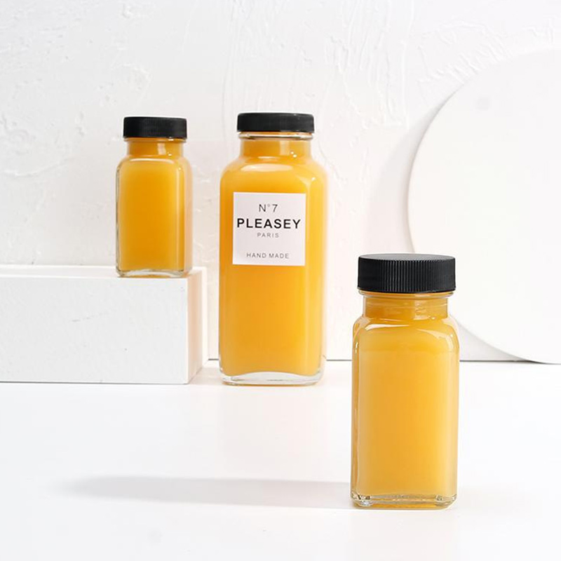 60ml 2oz Small Glass Clear French Square Juice Glass Bottle with Plastic Aluminum Screw Cap