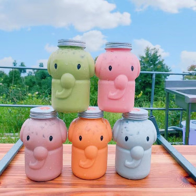 Cute Little Elephant Disposable Juice Drink Bottle Milk Tea Bottle Pet Cartoon Takeout Juice Pack Shaped Plastic Bottle
