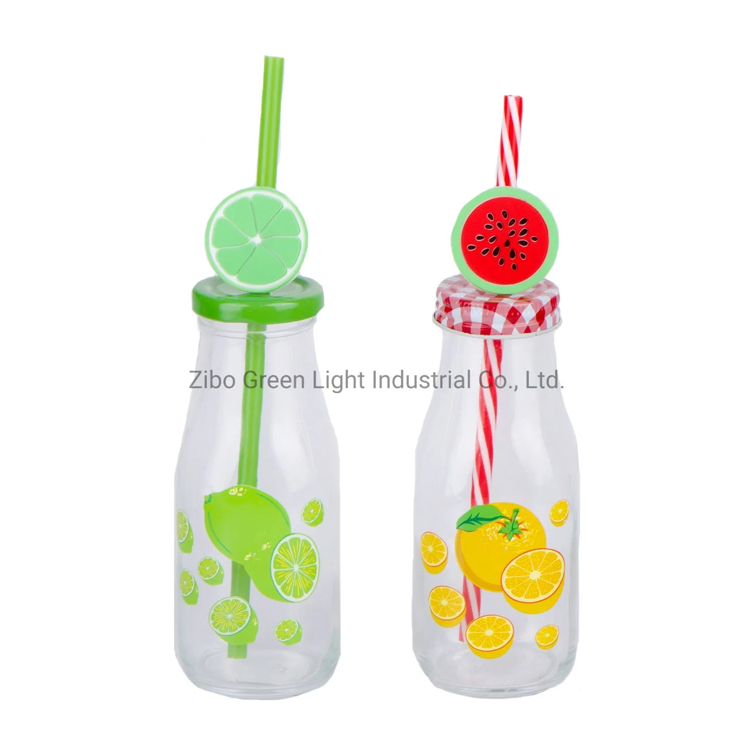 300ml Glass Juice Bottle with Screw Metal Lid Plastic Straw and Decal Printing for Soft Drink