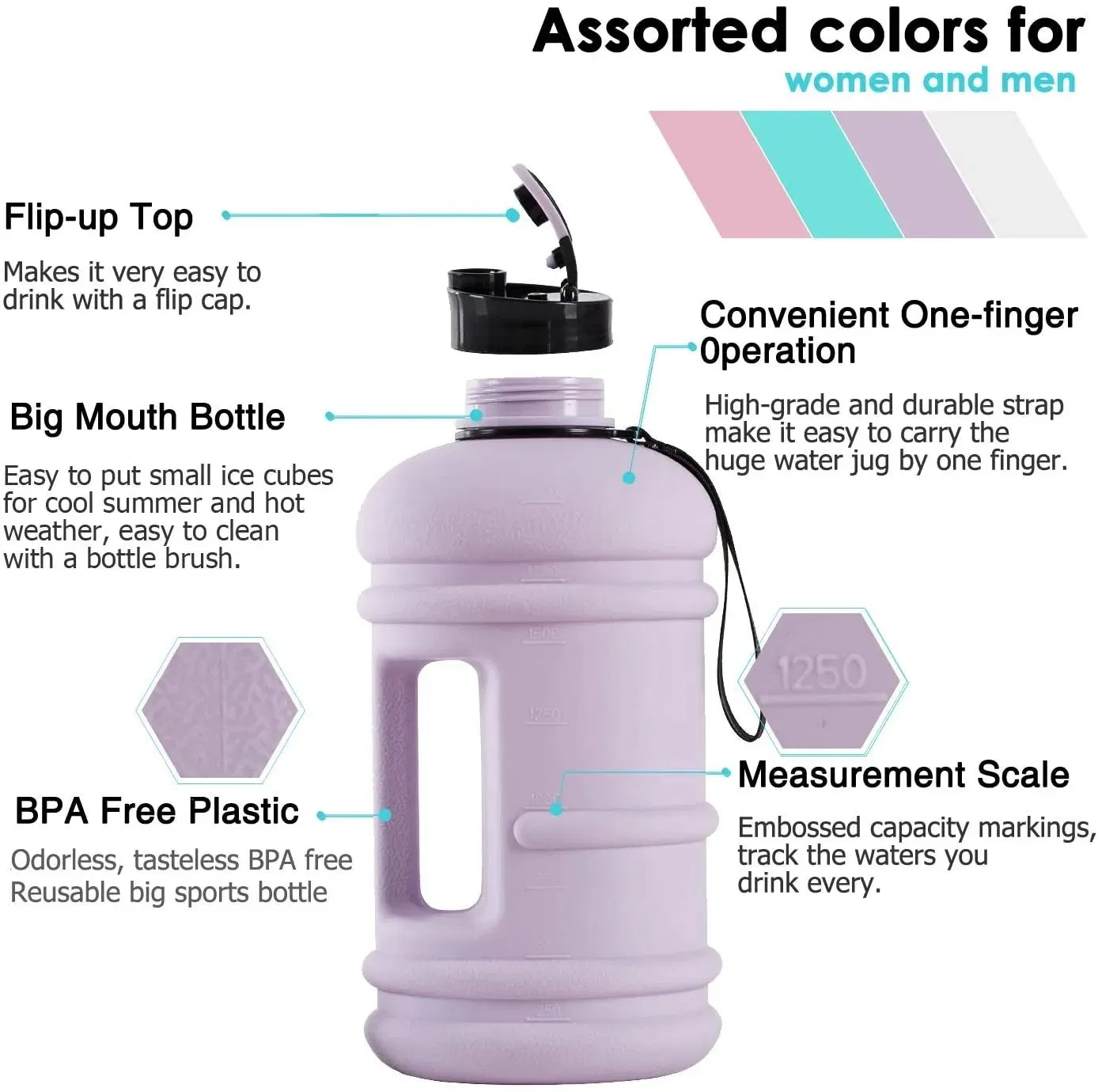 Sports Gym Fitness Bodybuilding Water Bottle Big BPA Free 1.3L 2.2L Plastic Shaker Water Bottle