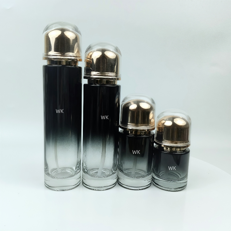 Luxury Customized Plastic Head Gradient Black Glass Bottle for Lotion Cream Glass Bottle Cosmetic Packaging Set with Gold Cap