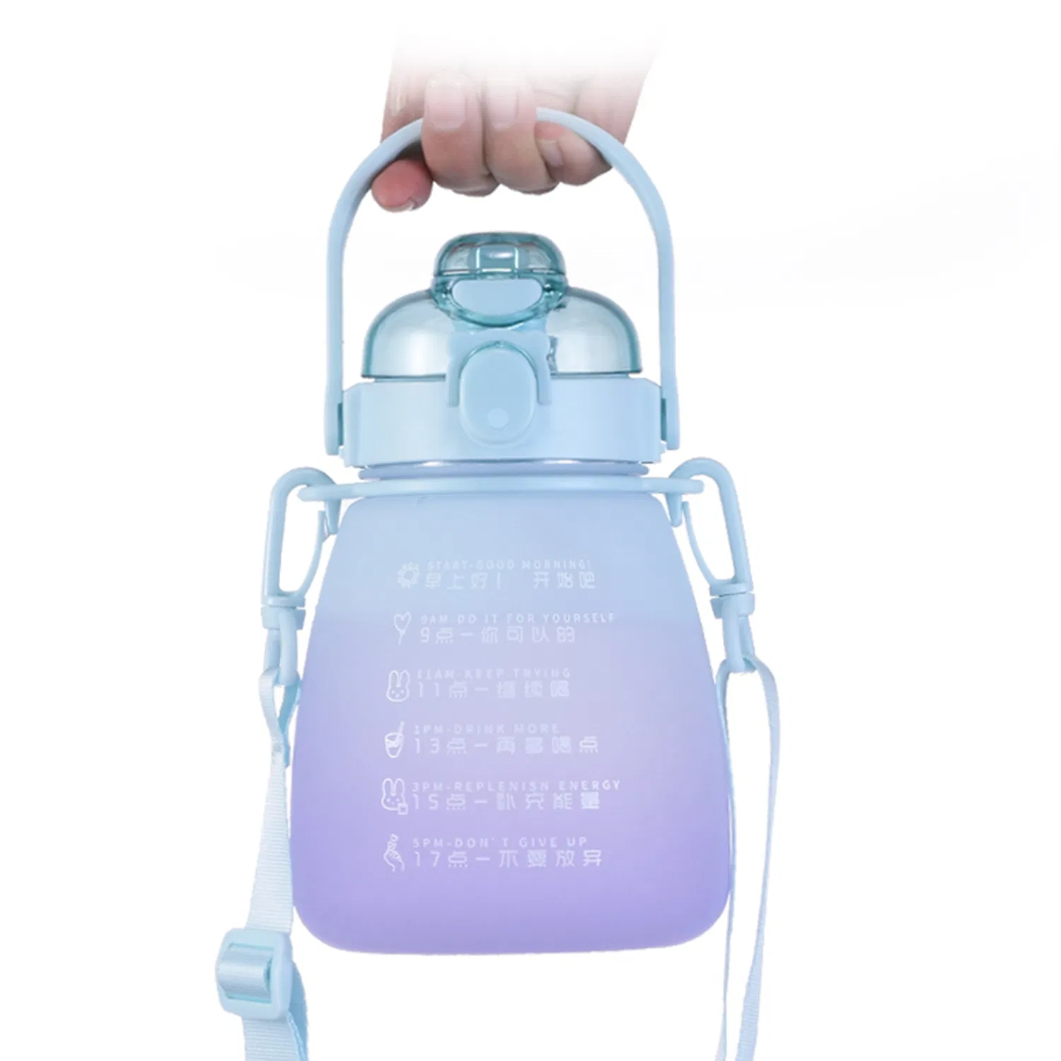 24oz Plastic Gradient Color Big Capacity Sports Straw Lid Water Bottle with Rope Strap