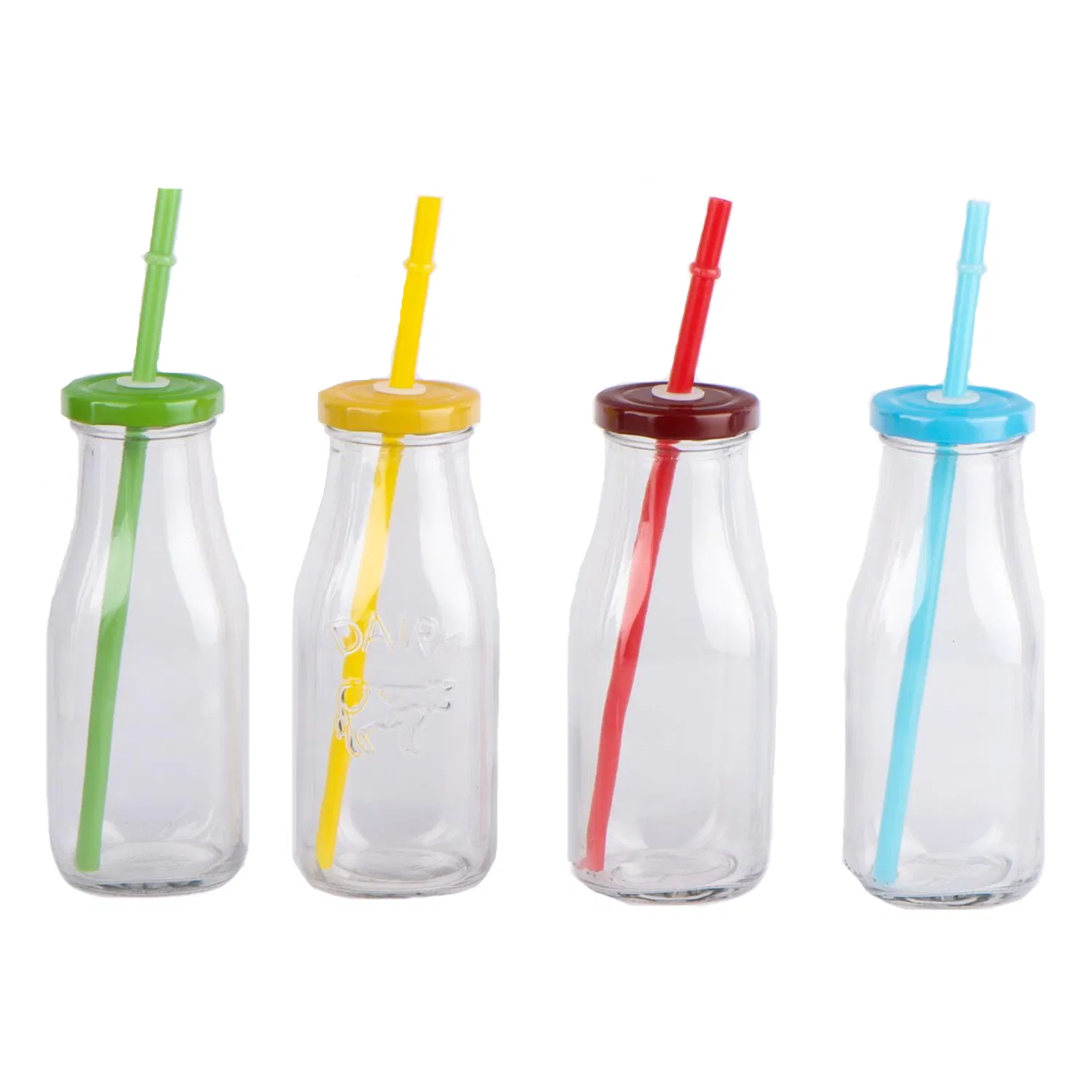 300ml Glass Juice Bottle with Screw Metal Lid Plastic Straw and Decal Printing for Soft Drink