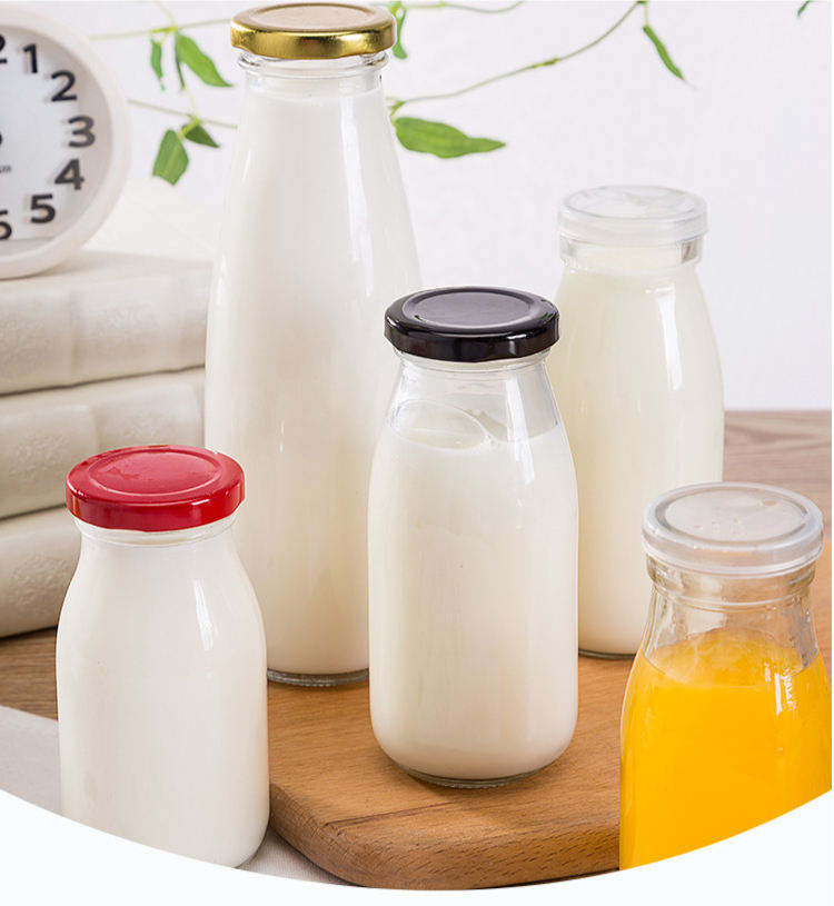 Wholesale 250ml Milk Juice Glass Bottle Beverage Bottles with Plastic Metal Lids 200ml 500ml
