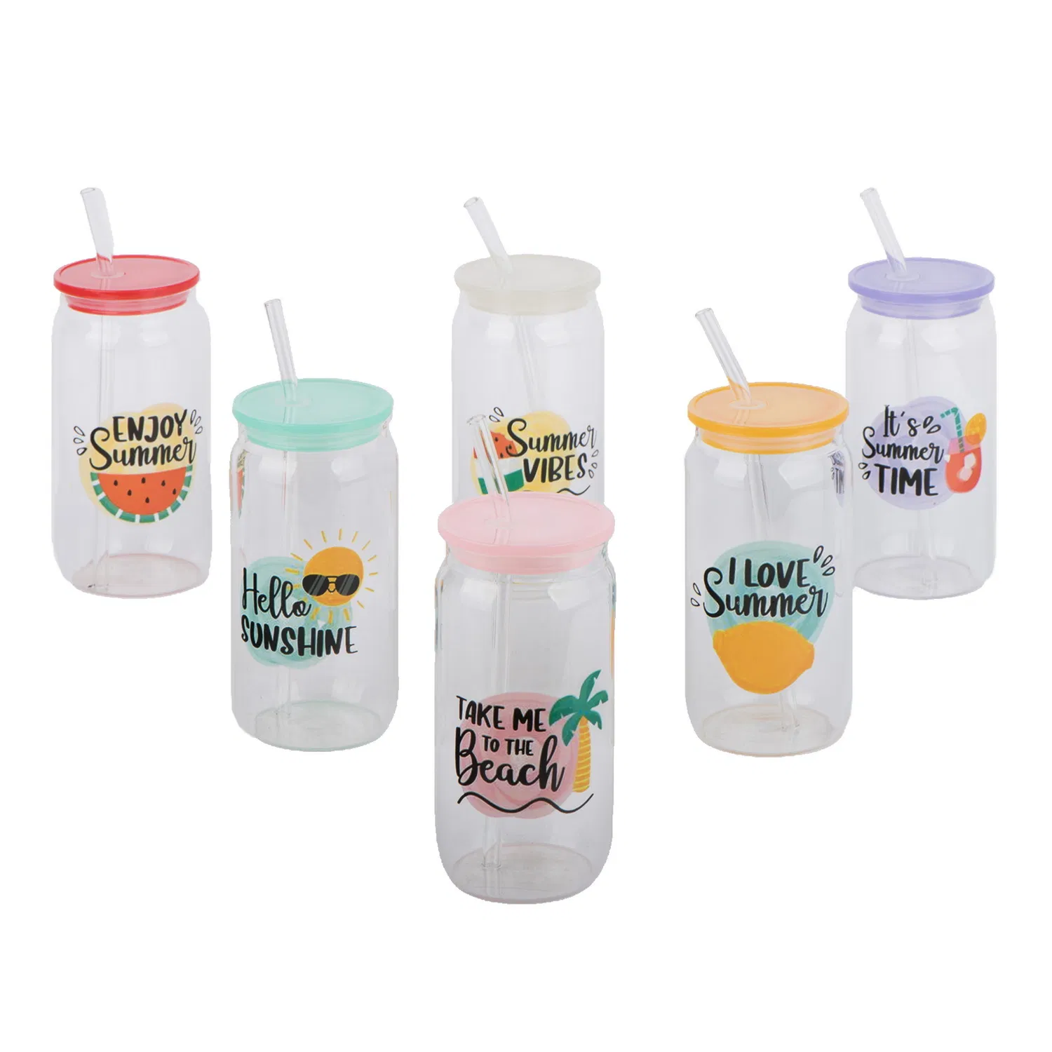 Borosilicate Colored Glass Bottle Cup with Glass Straw and Plastic Lid Decal Printing Drinking Glass