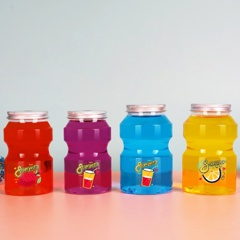 Custom Logo Print Plastic Juice Beverage Tea Drinking Shape Bottle with Aluminium Cover