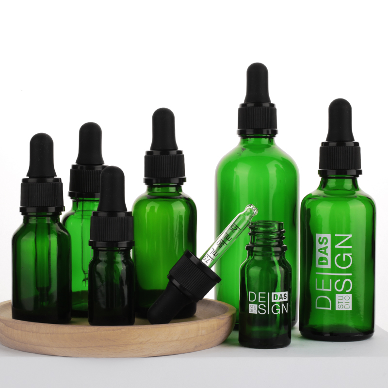 10ml 1oz Logo Printed Cuticle Facial Beard Essential Oil Green Glass Dropper Bottle with Plastic Ribbed Dropper