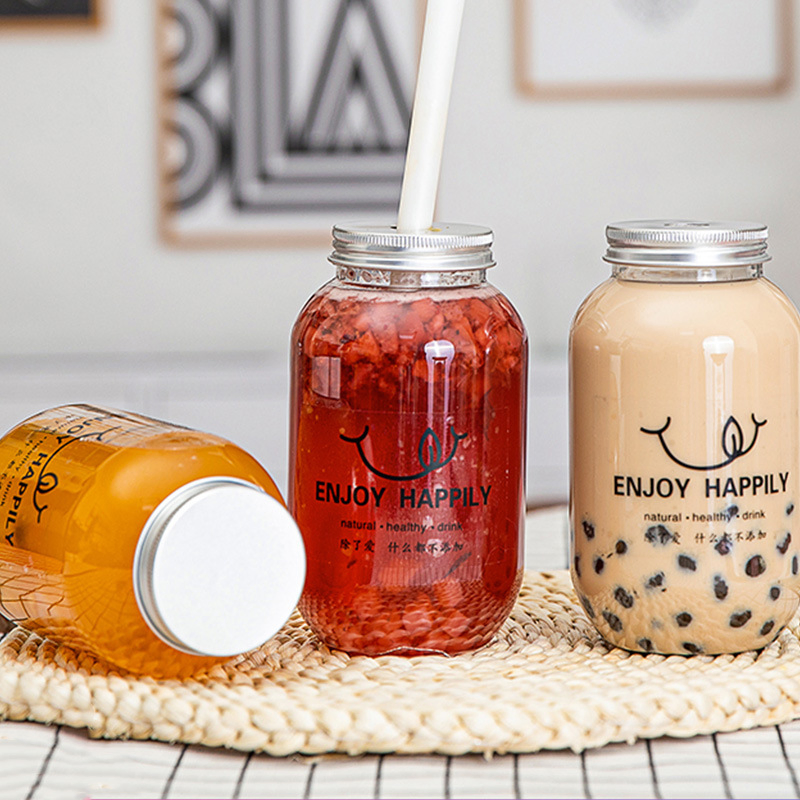 500ml Transparent Chubby Juice Drink Plastic Bottle Cylindrical Pet Disposable Milk Tea Cup Fat Cylinder Bottle with Aluminium Lid