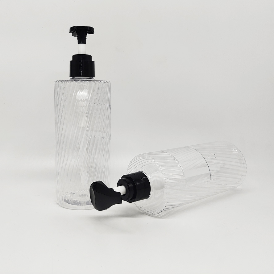 Cosmetic Packaging 500ml Pet Plastic Unique Water Ripple Shape Shampoo Transparent Color Bottle with Black Lotion Pump Sugarcane, Biodegradable PLA