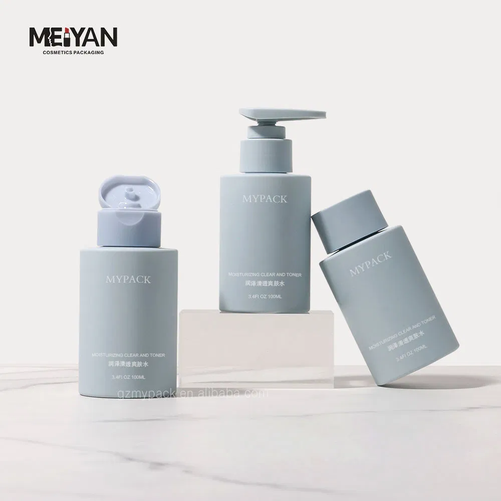 Mypack Blue Soft Touch Eco Friendly Pet Plastic Bottle Luxury Smooth Plastic Flip Top Cap for Cosmetic Bottles 100ml