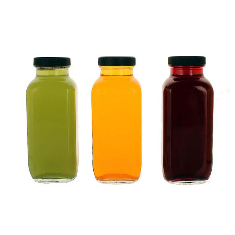 Wholesale 16oz 500ml Empty Square Fruit Juice Milk Beverage Glass Bottle with Plastic Lid