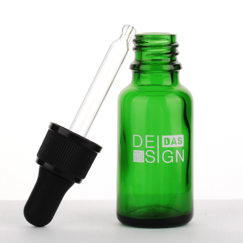 10ml 1oz Logo Printed Cuticle Facial Beard Essential Oil Green Glass Dropper Bottle with Plastic Ribbed Dropper