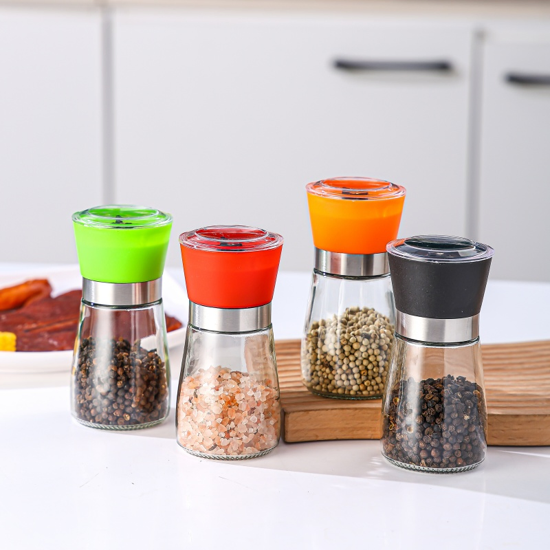 Manual Glass Bottles Spice Mill Plastic Lid Seasoning Shaker Salt and Pepper Grinder Kitchen Accessories Premium Pepper Mill