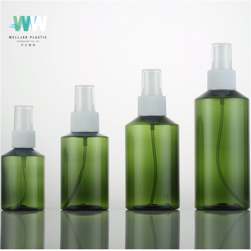 Reusable 30ml 100ml 200ml Oblique Shoulder Dark Green Plastic Pet Bottle with Lotion Pump or Sprayer