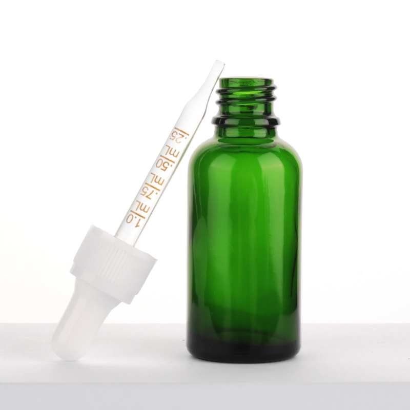 10ml 1oz Logo Printed Cuticle Facial Beard Essential Oil Green Glass Dropper Bottle with Plastic Ribbed Dropper