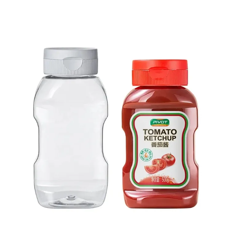 Plastic Pet Squeeze Bottle for Honey Syrup Sauce with White Lids