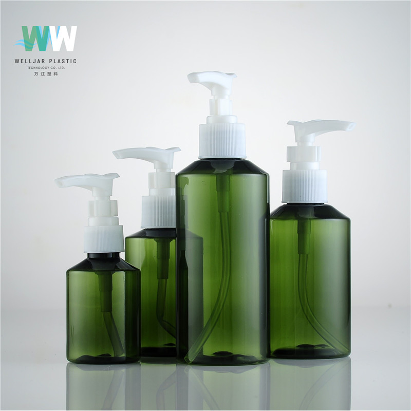 Reusable 30ml 100ml 200ml Oblique Shoulder Dark Green Plastic Pet Bottle with Lotion Pump or Sprayer