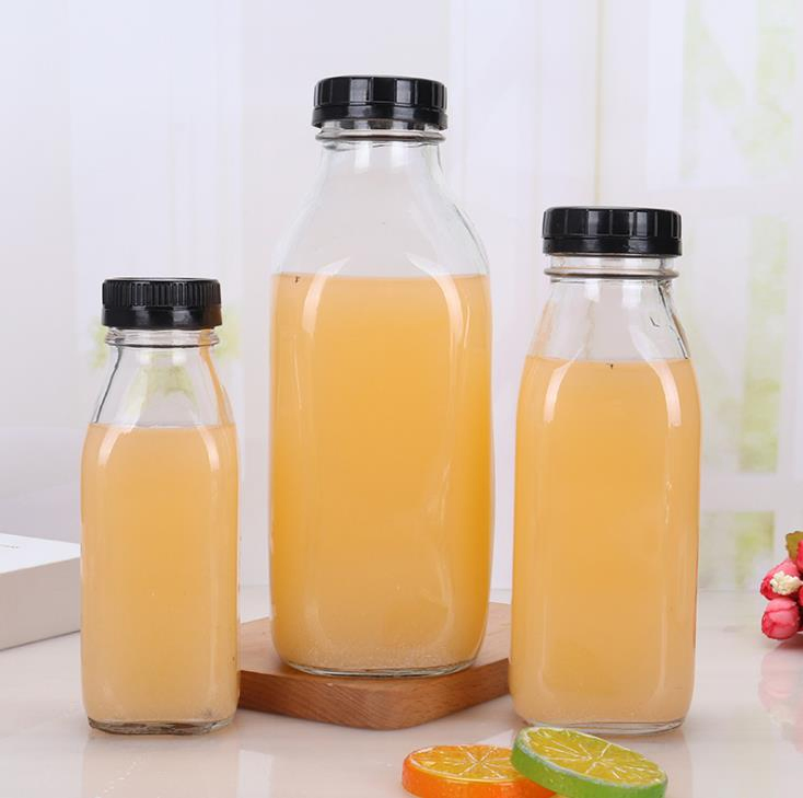 500ml 16oz Square Shape Glass Milk Juice Cold Brew Coffee Bottle with Disposable Plastic Cap