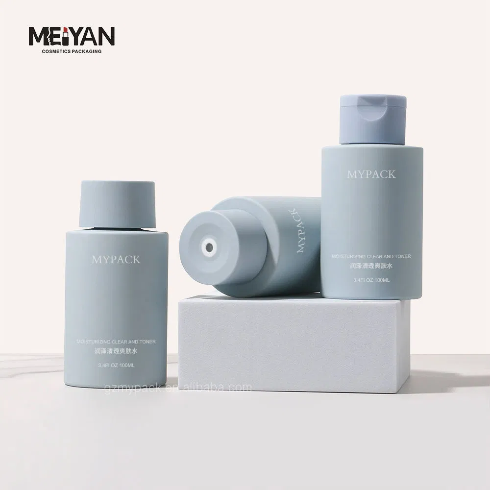 Mypack Blue Soft Touch Eco Friendly Pet Plastic Bottle Luxury Smooth Plastic Flip Top Cap for Cosmetic Bottles 100ml