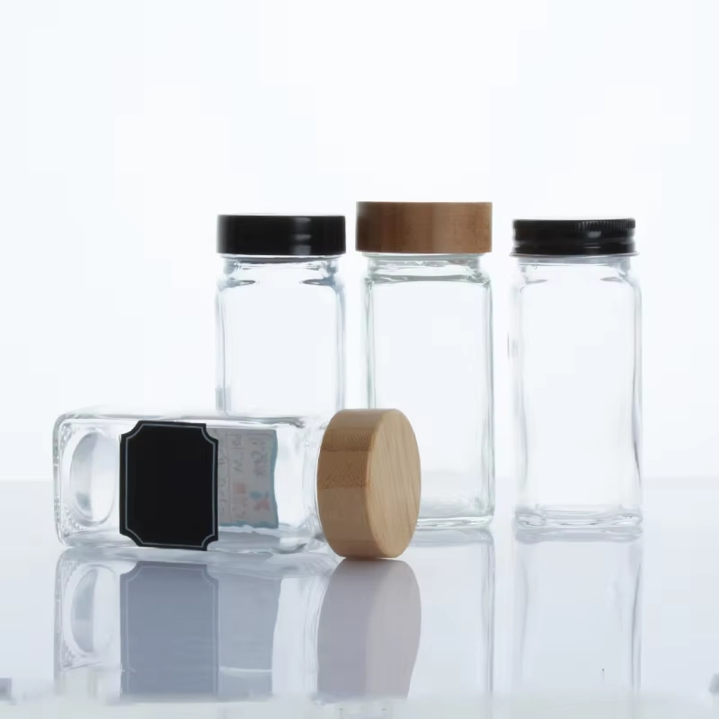 120ml Square Shape Seasoning Bottle Glass Spice Jar with Plastic Shaker and Bamboo Lid