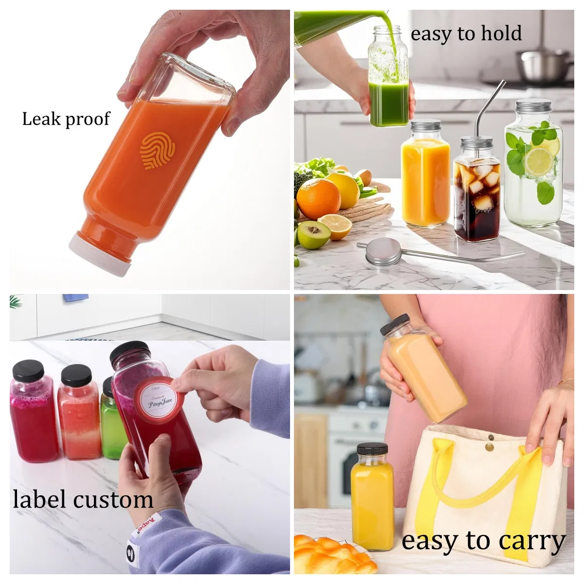 250ml 350ml 500ml Clear Square Juice Milk Beverage Glass Bottle with Plastic Cap