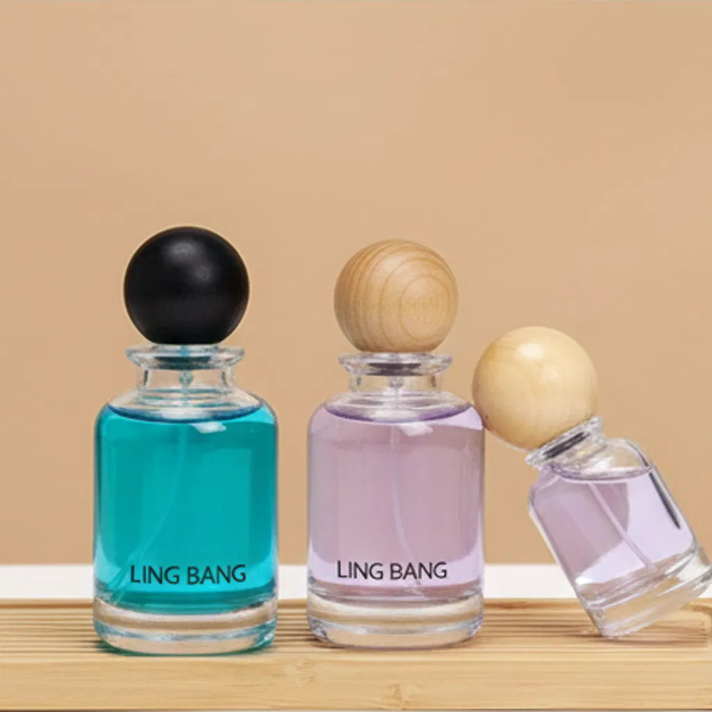 Wholesale 30ml 50ml 100ml Clear Round Fragrance Glass Perfume Bottle with Plastic Wooden Lids