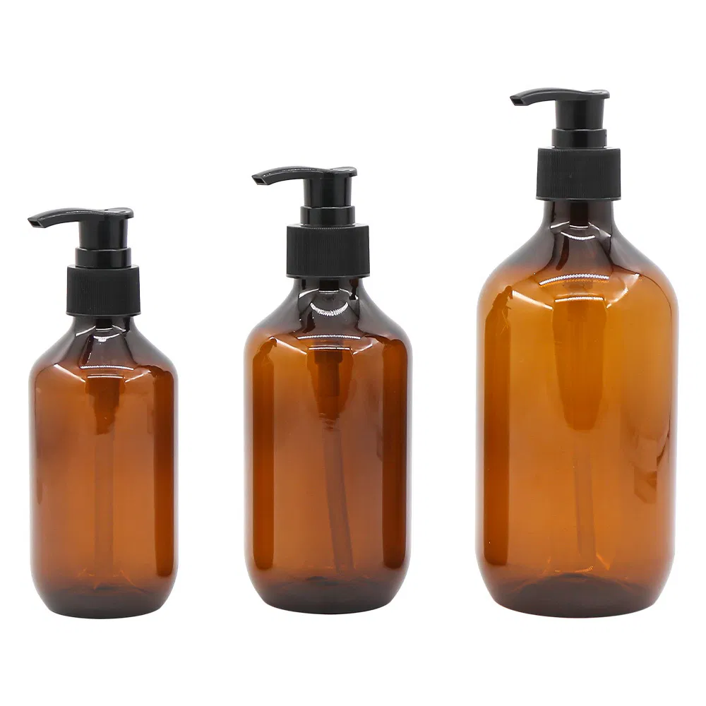 Custom 200ml 250ml 300ml 500ml Pet Plastic Amber Clear Cosmetic Bottle Shampoo Bottle with 24/410 28/410 Lotion Pump