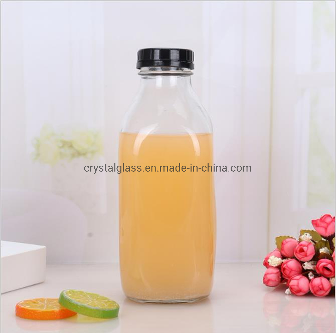 500ml 16oz Square Shape Glass Milk Juice Cold Brew Coffee Bottle with Disposable Plastic Cap