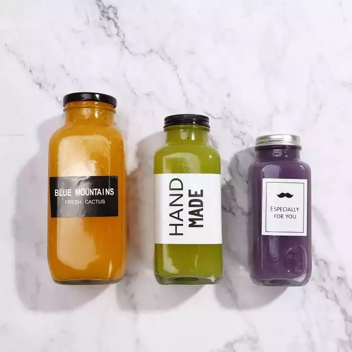 500ml Square Glass Bottle with Plastic Lid and Aluminum Lid Juice Square Bottle Beverage