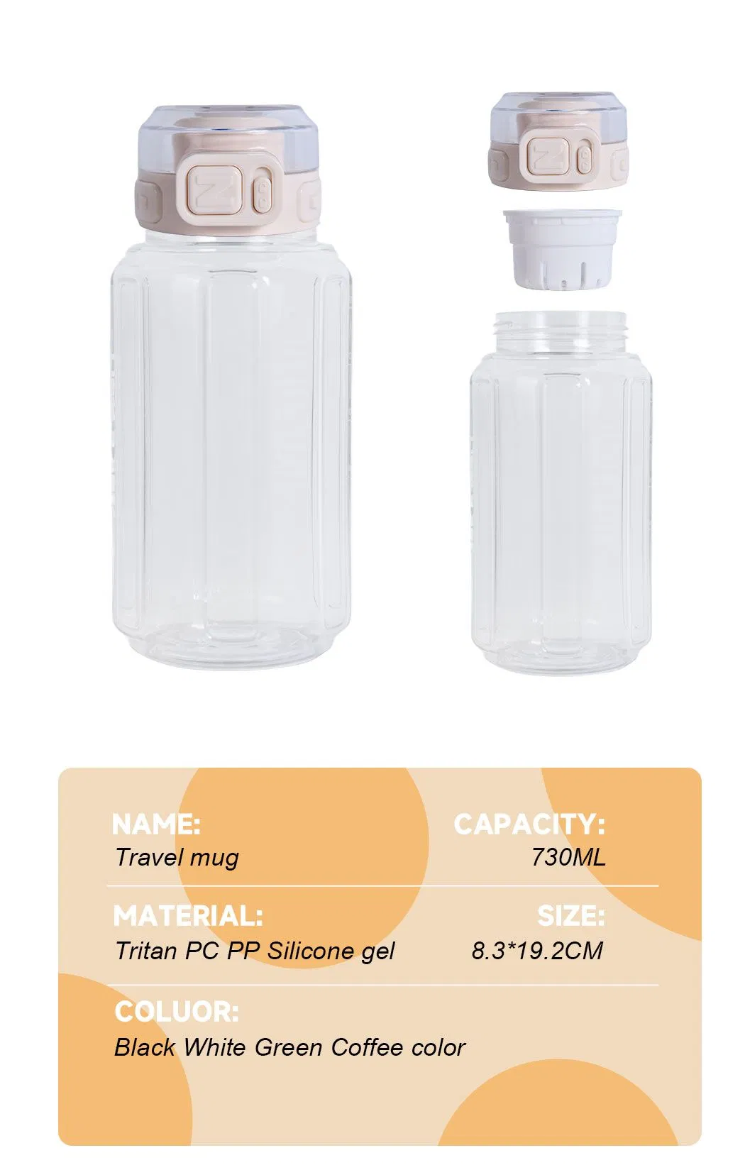 730ml Custom Logo BPA-Free Plastic Water Bottle Travel with Leak-Proof Lid OEM